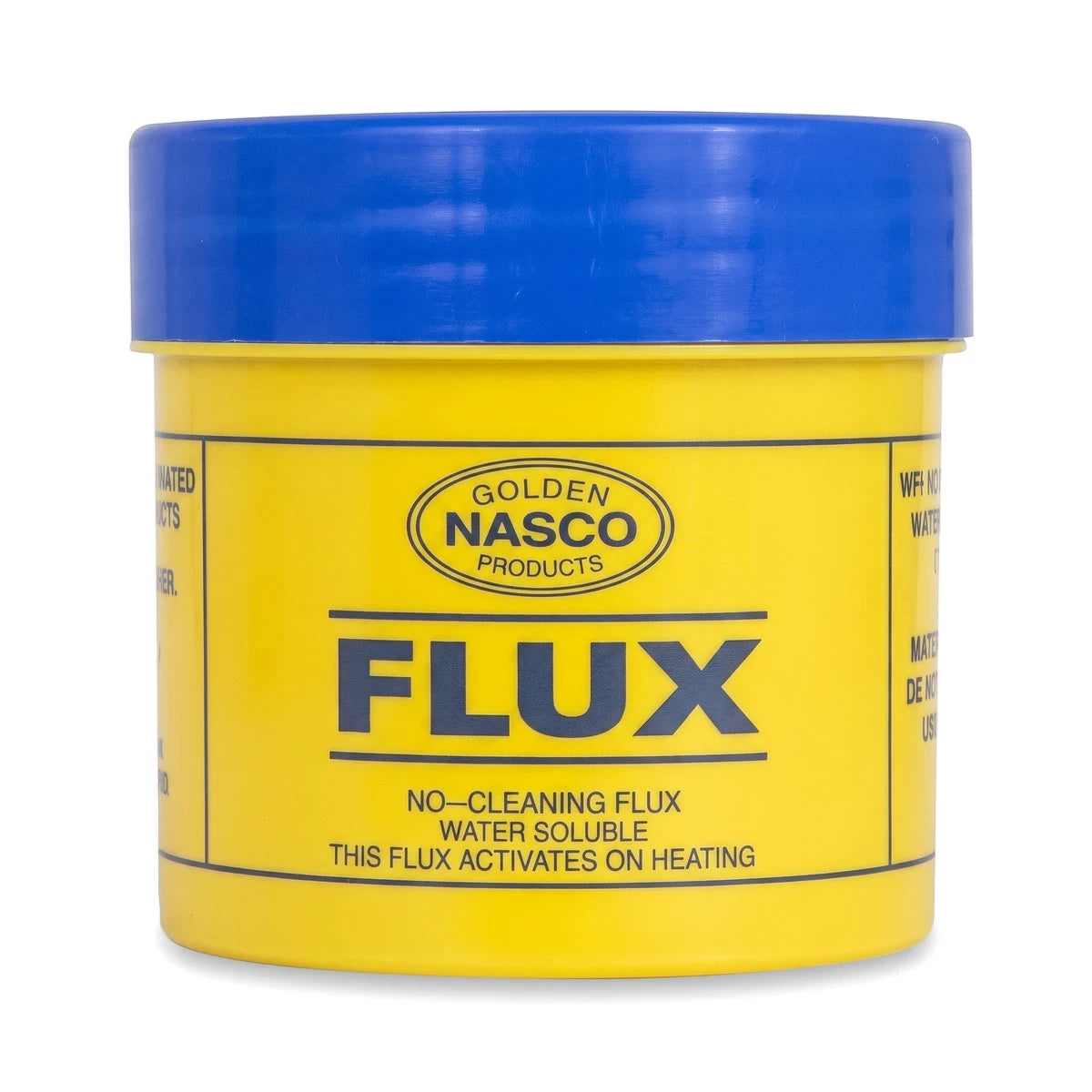 Yellow 75G Nasco Flux Soldering paste in a plastic jar with a blue lid, used for electronics work.