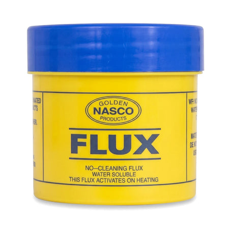 Yellow 75G Nasco Flux Soldering paste in a plastic jar with a blue lid, used for electronics work.