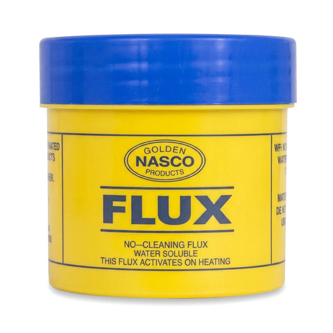 Yellow 75G Nasco Flux Soldering paste in a plastic jar with a blue lid, used for electronics work.