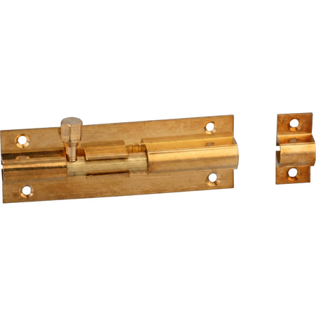 A 75mm brass plated straight barrel bolt with its keeper, featuring a hexagonal knob and screw holes.