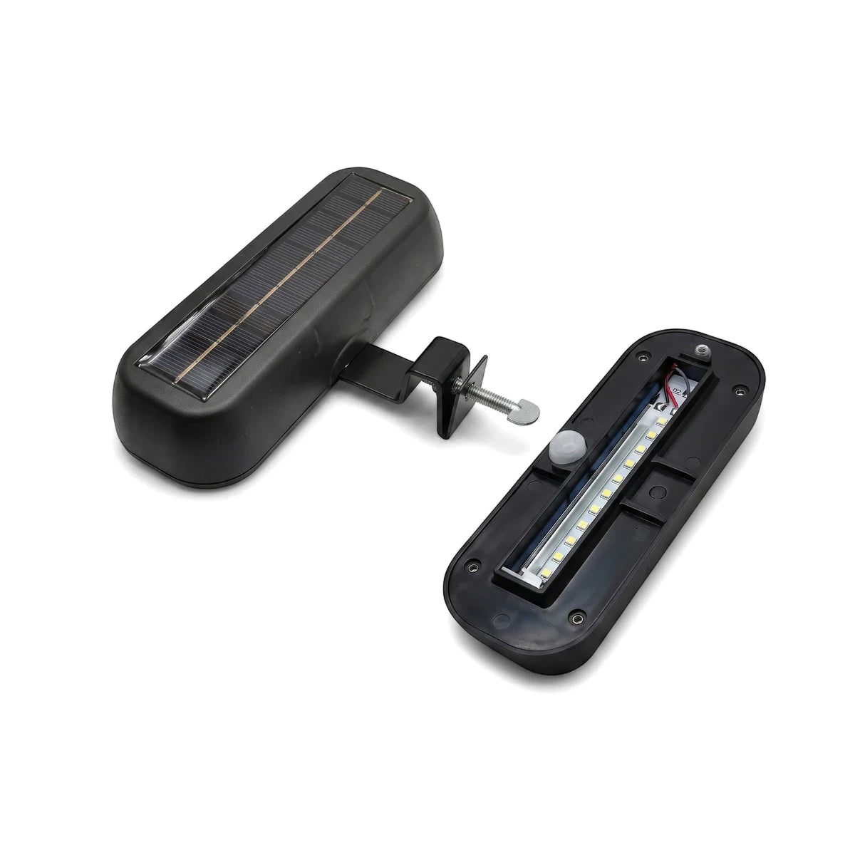 Two 7W multi-functional solar LED lights with sensor. One unit is assembled with a clamp, the other is disassembled.