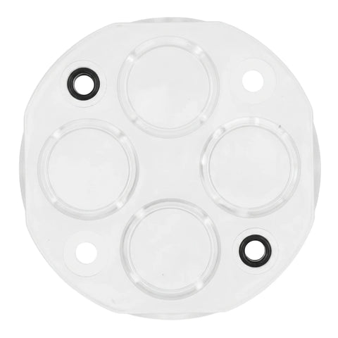 Round white 8 Hole 20mm Loop In Conduit Box cover, designed for electrical installations.