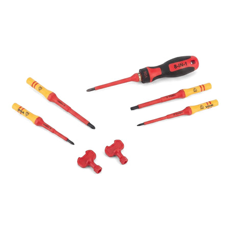 8-in-1 insulated hand tools set with red and yellow handles, including various screwdrivers and interchangeable bits.