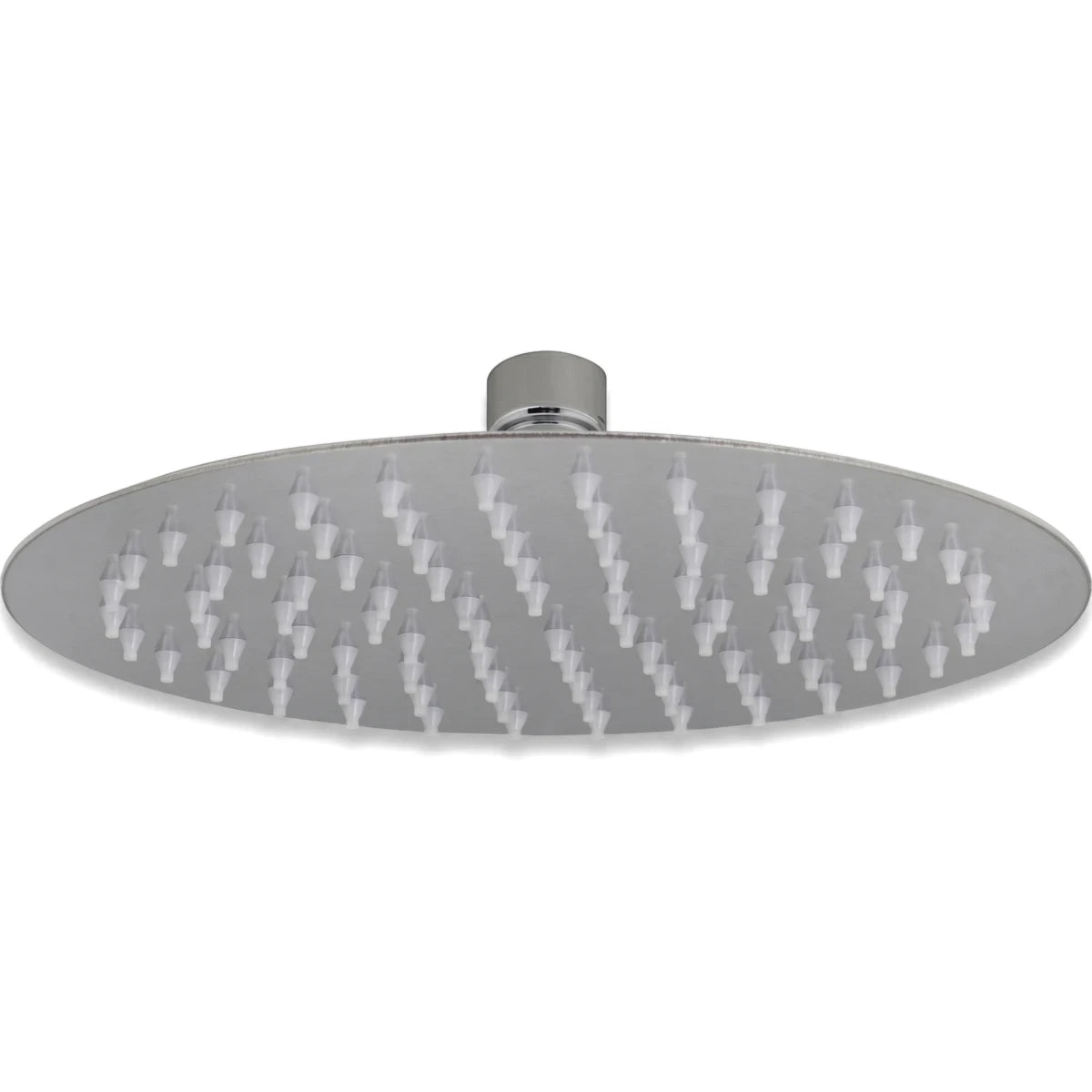8 inch round stainless steel shower head with white rubber nozzles, seen from an overhead perspective.