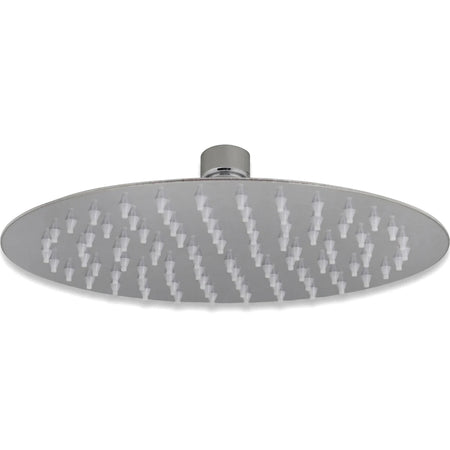 8 inch round stainless steel shower head with white rubber nozzles, seen from an overhead perspective.