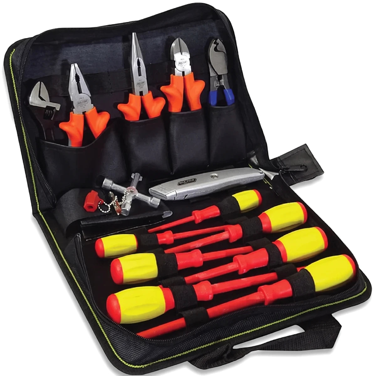 Open 8 piece electronic tool set in a black zippered bag, displaying various insulated screwdrivers and pliers.