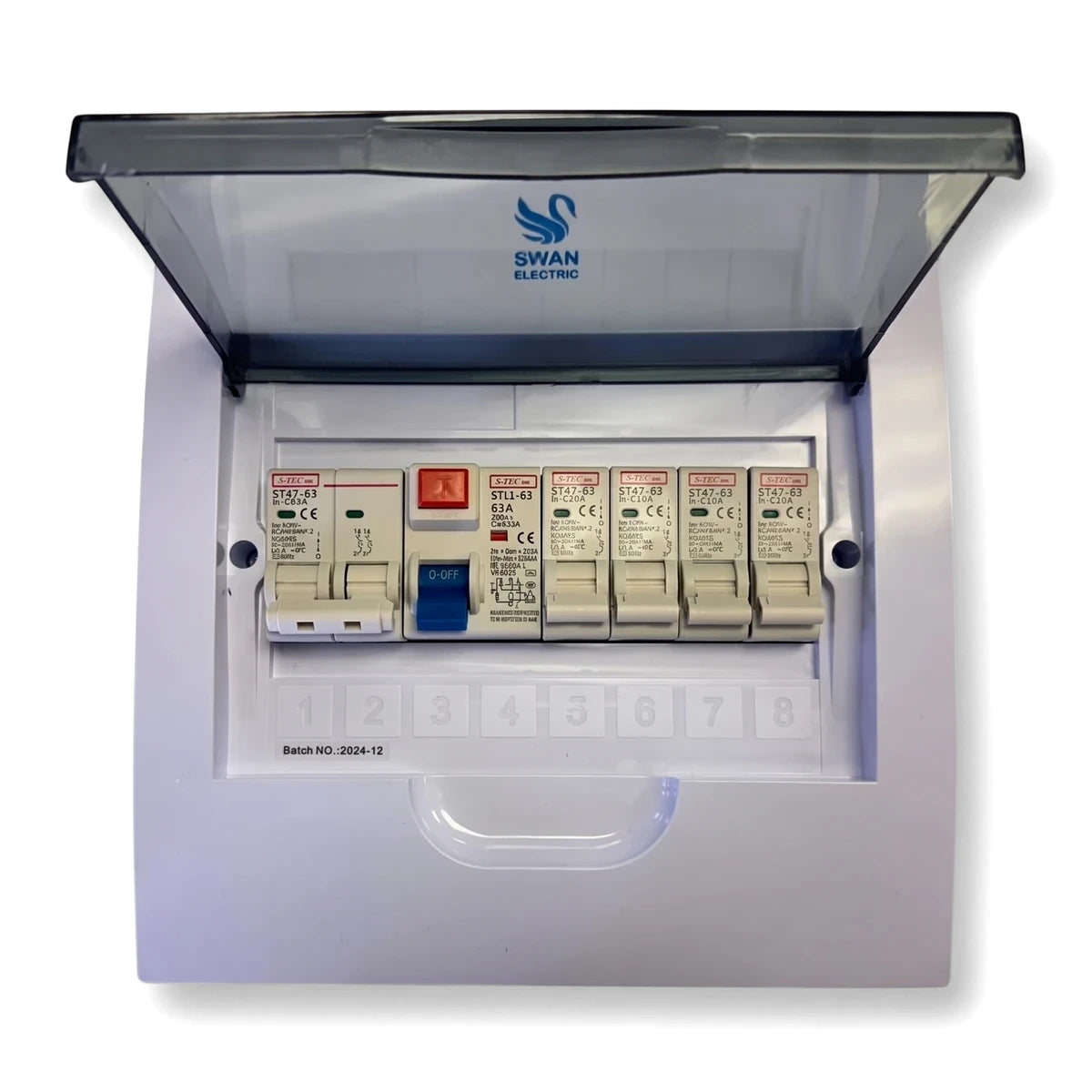 8 Way Flush Pre Populated Db Distribution Board Enclosure, white, with an open clear lid and circuit breakers inside.