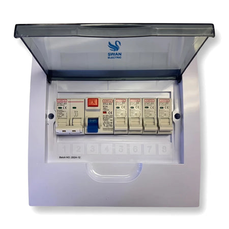 8 Way Flush Pre Populated Db Distribution Board Enclosure, white, with an open clear lid and circuit breakers inside.