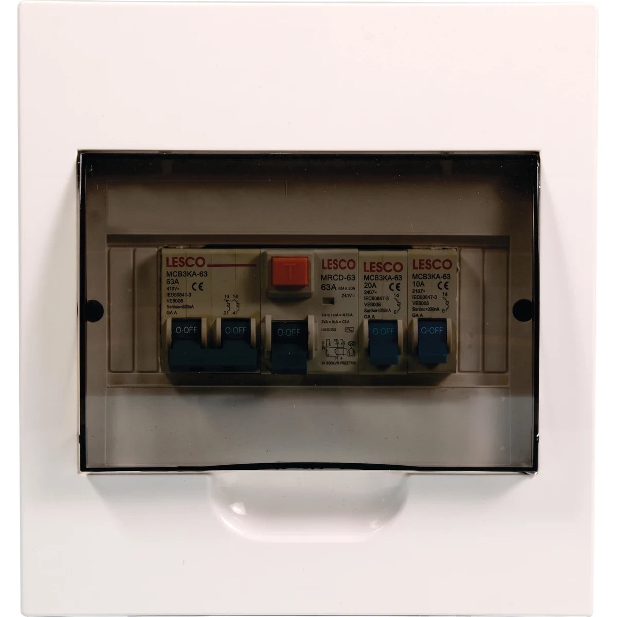 White 8 Way Surface Pre Populated Db Distribution Board Enclosure with circuit breakers and a translucent cover.