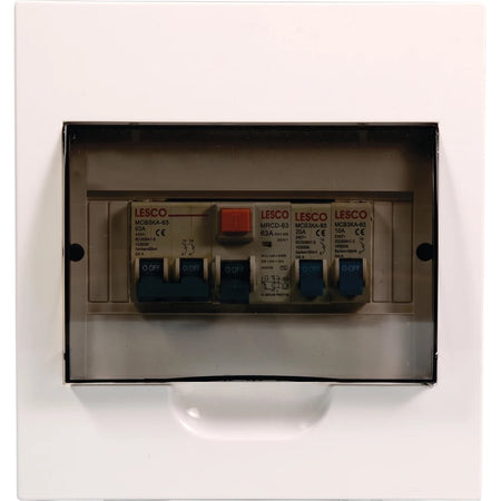 White 8 Way Surface Pre Populated Db Distribution Board Enclosure with circuit breakers and a translucent cover.