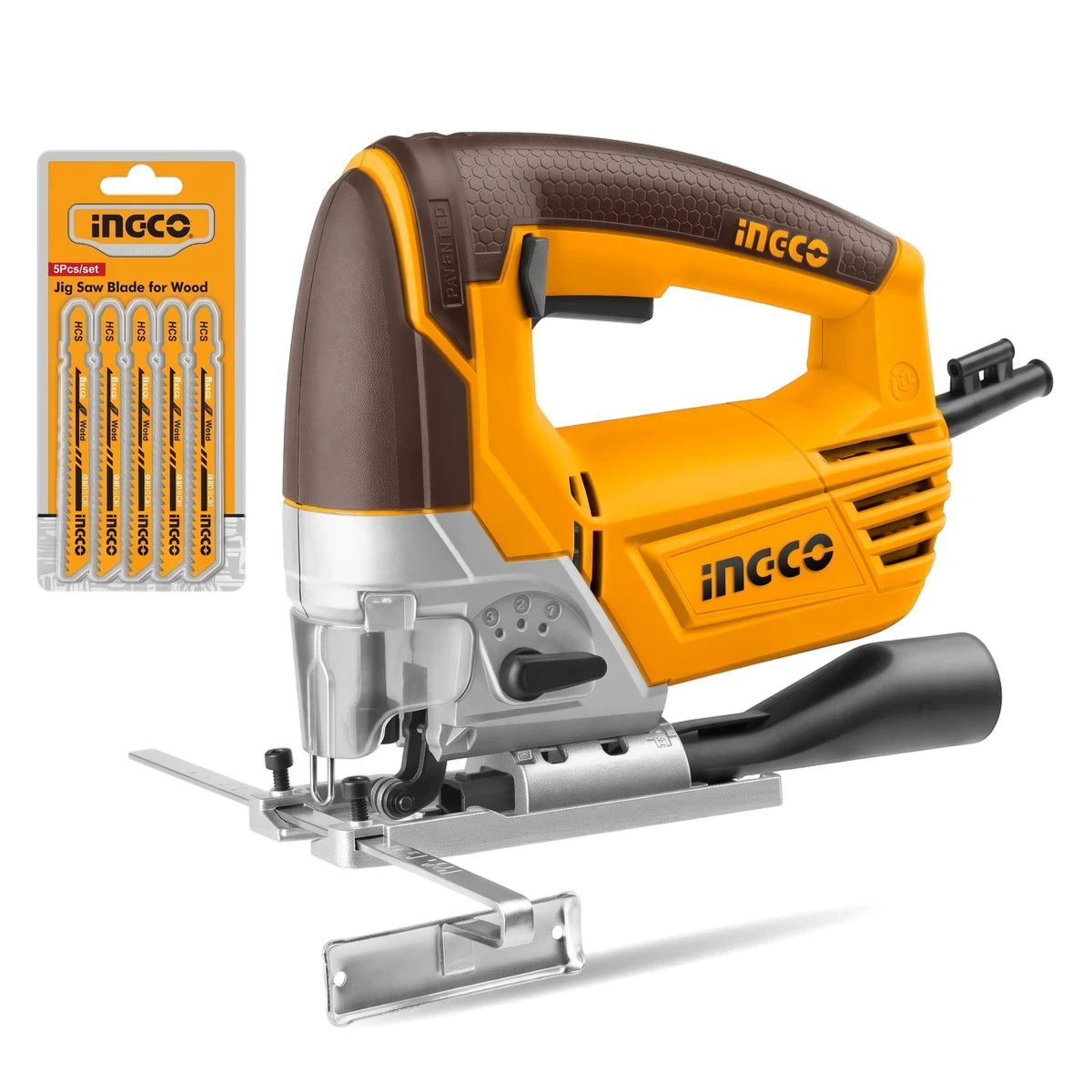 800 Watt Ingco jig saw and 5-piece wood blade set, yellow and brown, shown from a slightly angled front view.