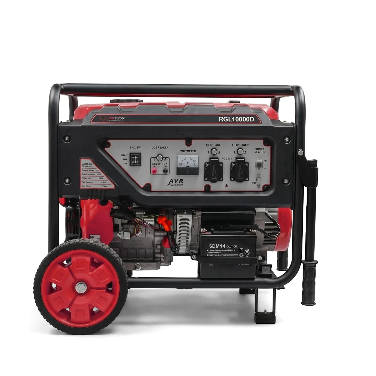 Red and black 8000W Dual Fuel Generator (Petrol / LPG) with large wheels and detailed control panel.