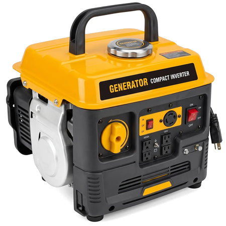 A compact 800W 2-Stroke Air-Cooled Petrol Generator in yellow and black, viewed from a three-quarter angle.