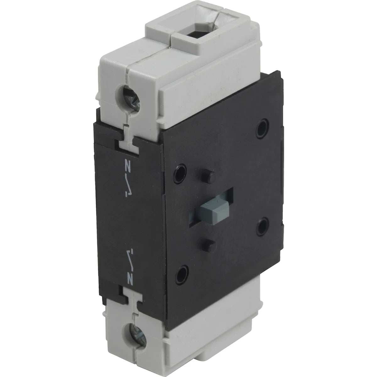 A gray and black 80A Neutral Pole Module, an electrical component, shown in an upright position.