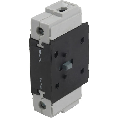 A gray and black 80A Neutral Pole Module, an electrical component, shown in an upright position.