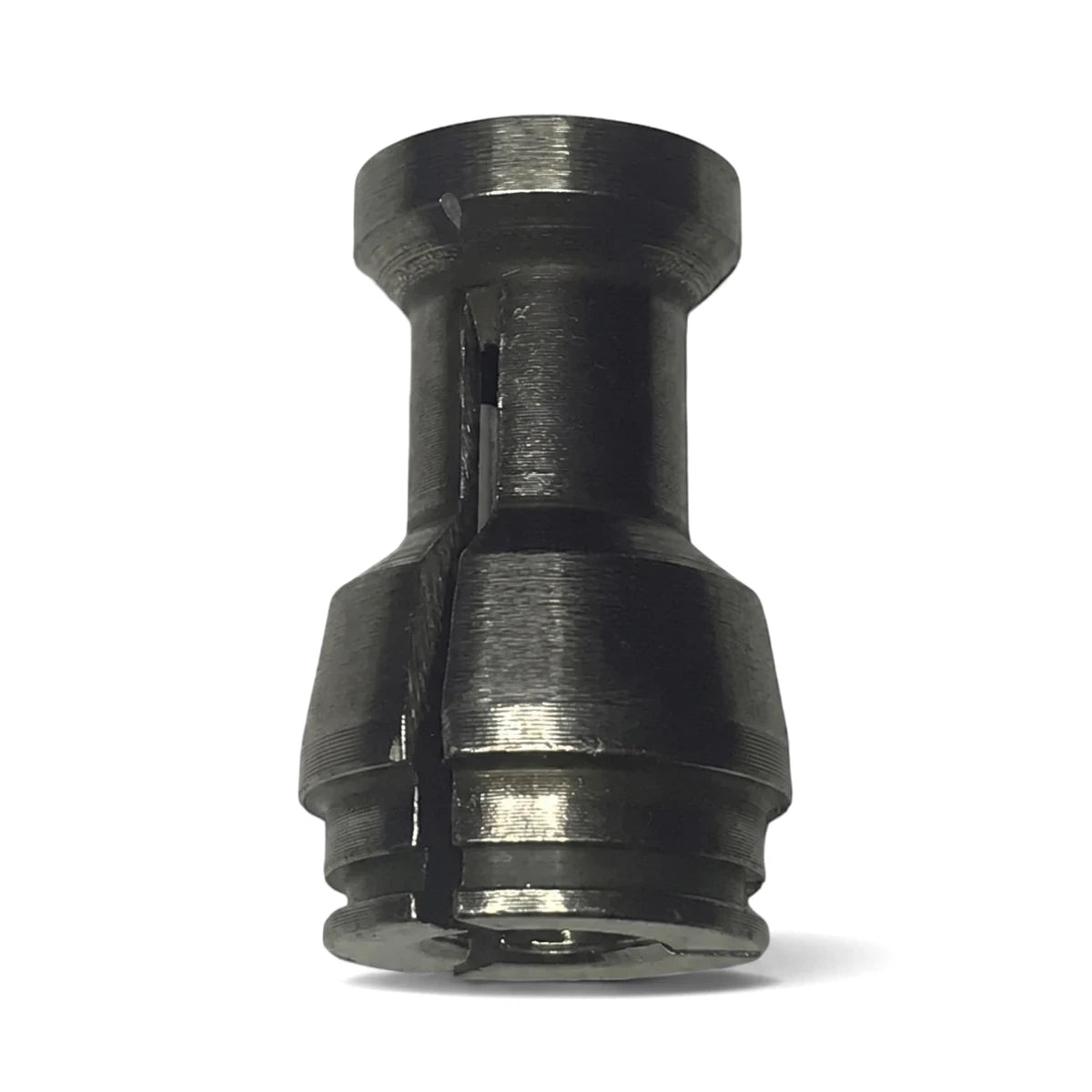 Dark metallic 8mm Router Collet & Bit Guide, cylindrical with segmented base, photographed vertically.