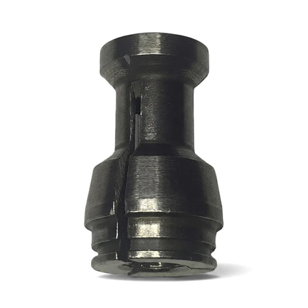 Dark metallic 8mm Router Collet & Bit Guide, cylindrical with segmented base, photographed vertically.