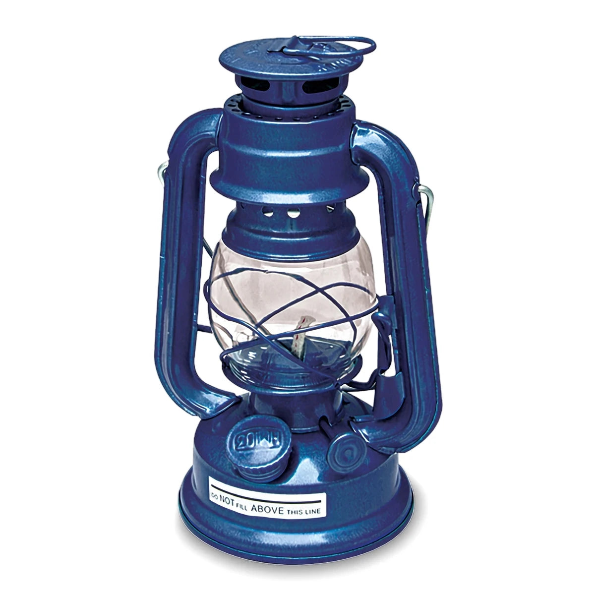 A 9-inch blue hurricane oil lantern with a clear glass globe, designed for outdoor use and emergency lighting.