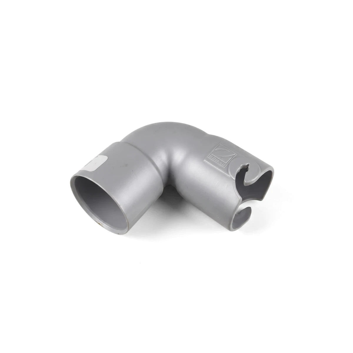 90-Degree Weir Elbow With Twist Lock in grey plastic, 90-degree bend fitting with snap twist-lock end view