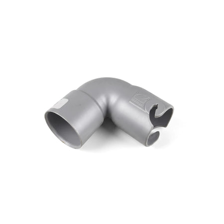 90-Degree Weir Elbow With Twist Lock in grey plastic, 90-degree bend fitting with snap twist-lock end view