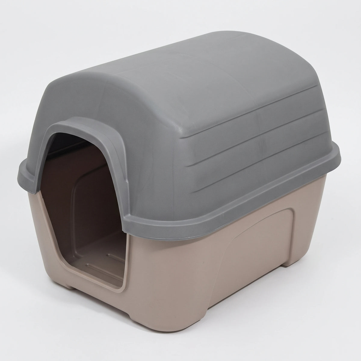 Addis medium dog kennel with raised floor in grey, rounded roof and wide doorway opening