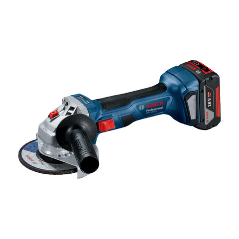 Bosch professional GWS 180 Li cordless angle grinder with blue body red trigger and attached battery pack