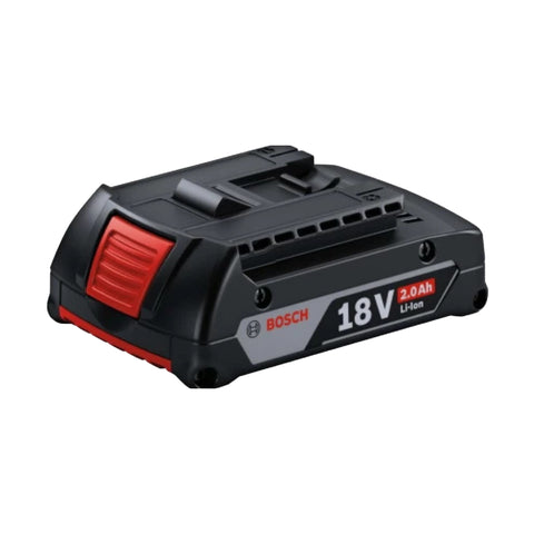 bosch eighteen volt lithium ion battery with red release latch and label displaying eighteen volt two point zero amp hour