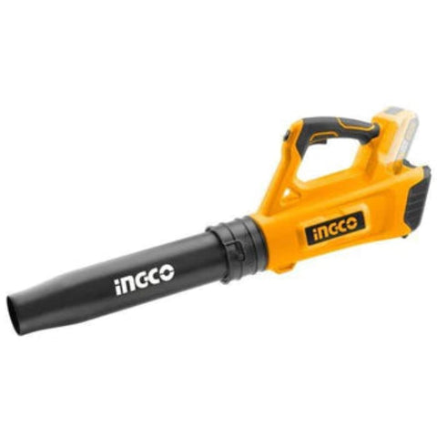 Ingco cordless leaf blower with yellow and black body and ergonomic grip