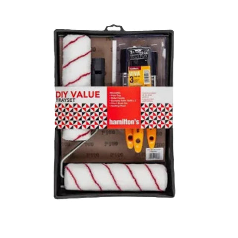 Hamilton's diy value paint tray set in a plastic case with rollers and a small brush
