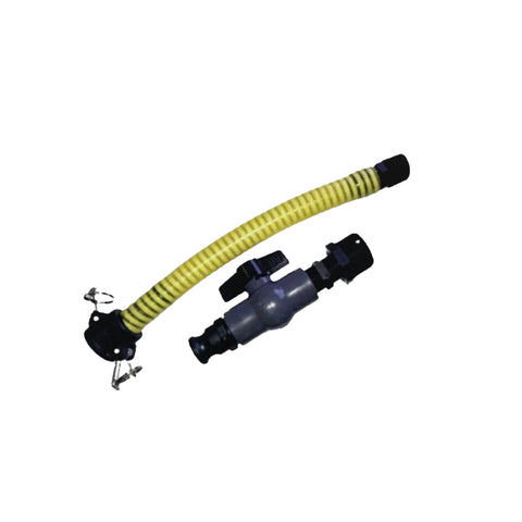 yellow flexible hose attached to a gray valve with black fittings and metal clamps