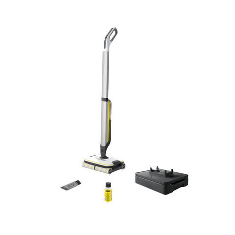 Karcher cordless floor cleaner with tall grey and white handle, yellow accents, base head, dock, cleaning solution bottle