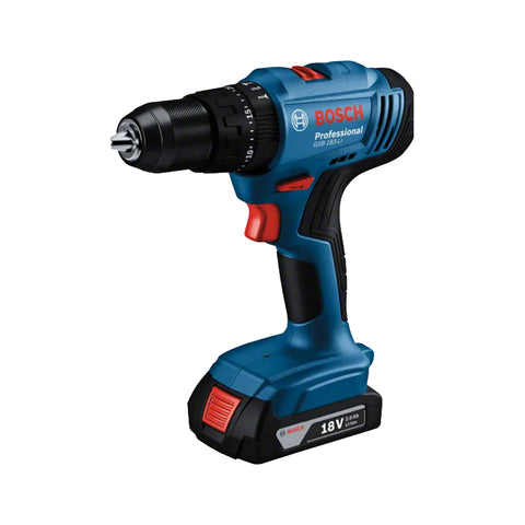 blue bosch cordless impact drill with red trigger, black chuck and eighteen volt battery pack
