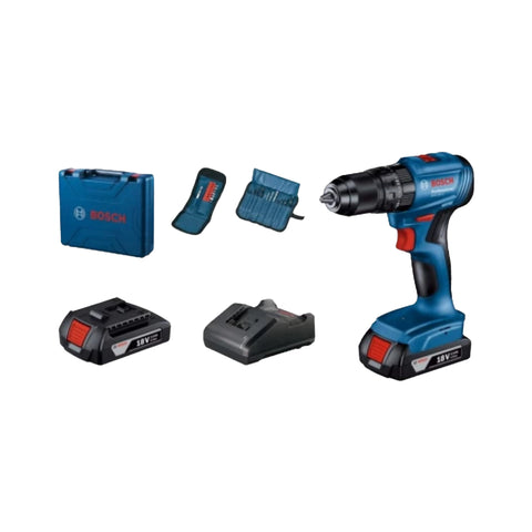 Bosch drill with blue and black body, red trigger, plus carrying case, two batteries, charger, and bit set