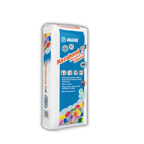 bag of Mapei Kerabond T R grey porcelain tile adhesive with blue label and colorful mosaic graphic