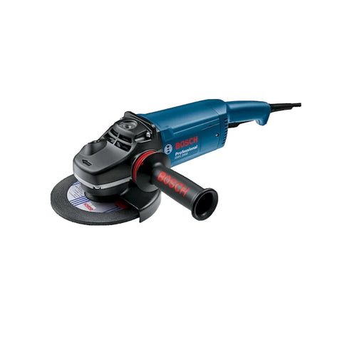 blue bosch professional angle grinder with auxiliary handle and grinding disc and guard
