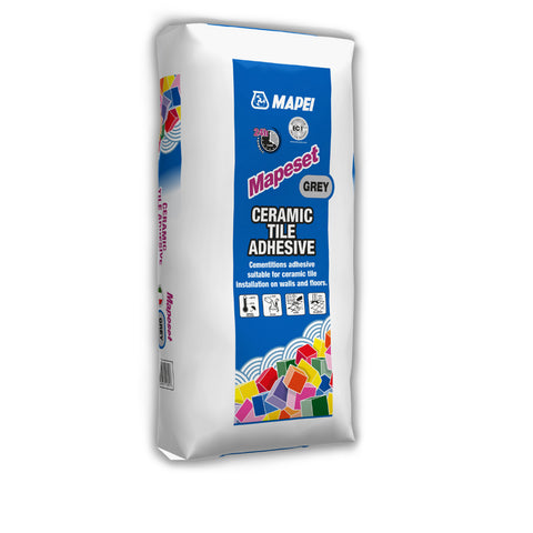 bag of Mapeset grey ceramic tile adhesive with blue label and colorful mosaic pattern