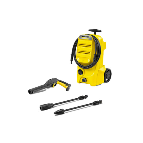 Karcher K 3 classic pressure washer with yellow body, black hose, spray gun, and two extension wands