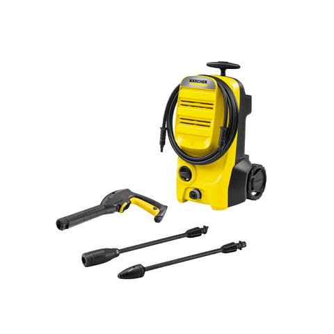 karcher k four pressure washer with yellow body, black hose, spray gun and two nozzles
