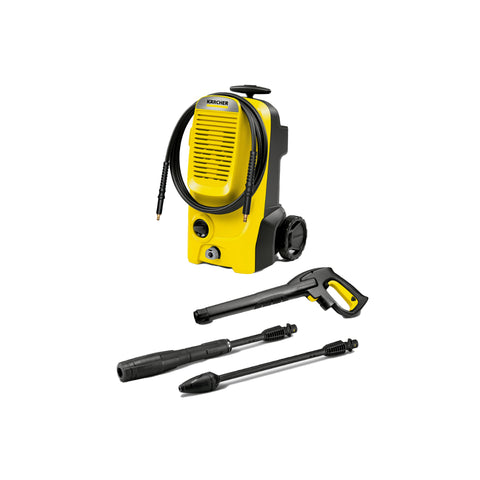 Karcher pressure washer in yellow and black with a coiled hose and three spray wands attachments