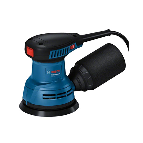 Bosch professional random orbital sander with blue body and black dust bag