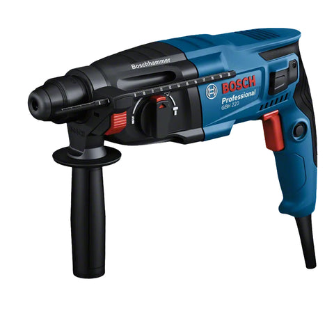 Bosch professional rotary hammer with blue housing, black chuck, red trigger and side handle