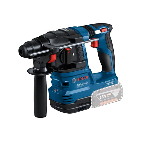 bosch cordless rotary hammer with blue body and side handle and lithium battery pack