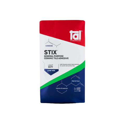 bag of tal stix general purpose ceramic tile adhesive packaging with red white and blue panels and a green stripe