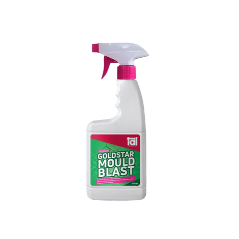 white spray bottle with pink trigger and label reading Tal goldstar mould blast 500 ml
