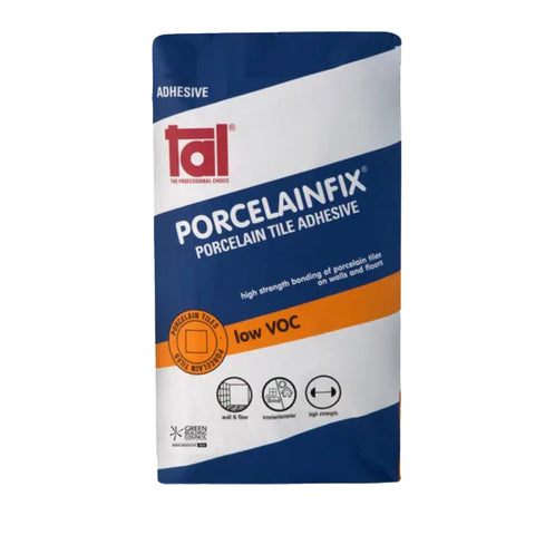 tal porcelain fix porcelain tile adhesive bag with blue and white packaging and an orange low voc band