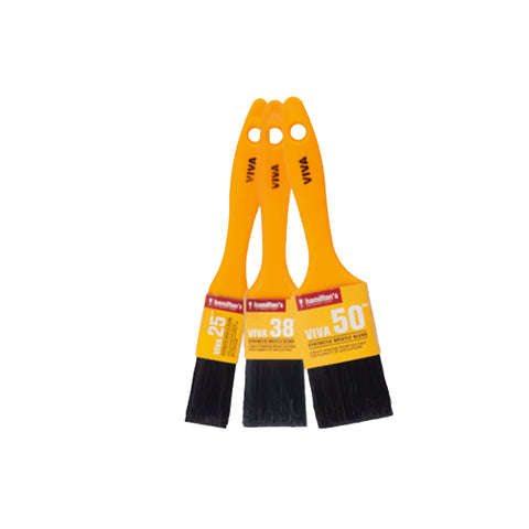 three orange Viva paint brushes with black bristles and yellow labels showing sizes twenty five thirty eight and fifty
