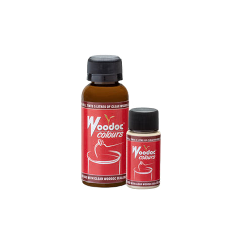 two brown glass stain bottles with red woodoc colours labels and black caps, large and small