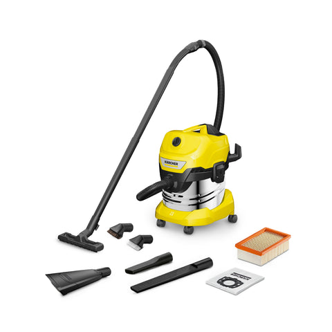 karcher wet and dry vacuum cleaner with yellow body and flexible hose plus nozzle attachments and filter
