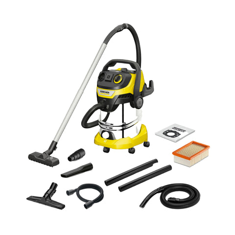 karcher wet and dry vacuum cleaner with yellow body and multiple accessories including hose, floor head and filters