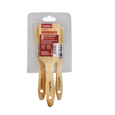 three piece brush set by Hamilton's with natural wood handles in clear packaging